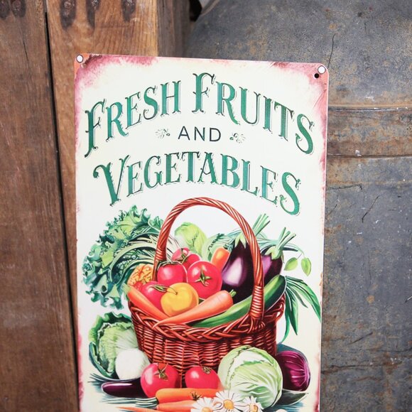 NEW Vintage Inspired FRUITS & VEGETABLES Metal Farmhouse Wall Decor Sign - Picture 2 of 4